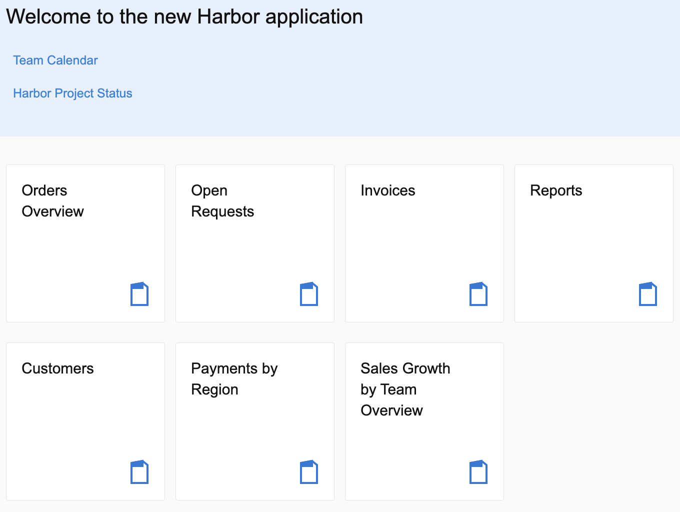 The old landing page: a welcome message and a grid of plain document tiles